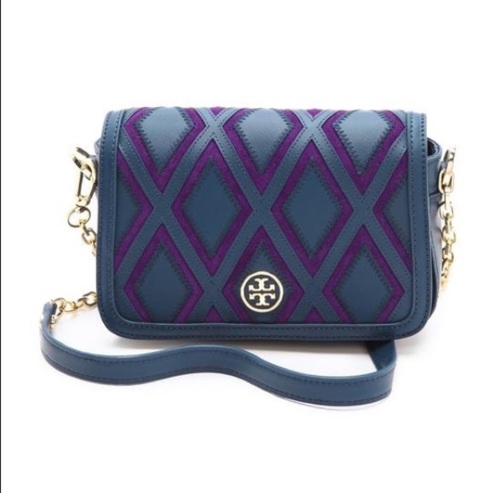 Tory Burch Robinson Patchwork Chain Purple and Navy Cross-Body Bag